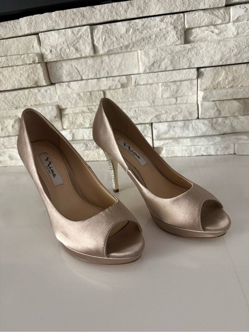 Nina Champagne Satin Peep-Toe Pumps with Crystal Heel